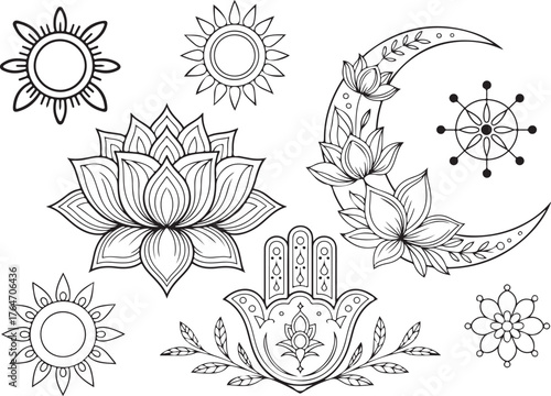 Outline Collection of Abstract Yoga Symbols with Mandala, Hamsa, Moon, Lotus and Om – Indian Linear Yoga Illustration