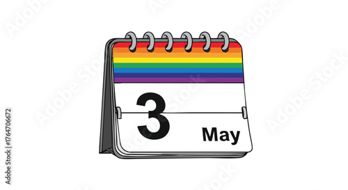 Calendar Icon Depicting May Third with Rainbow Top Border Isolated on White Background Drawing Style