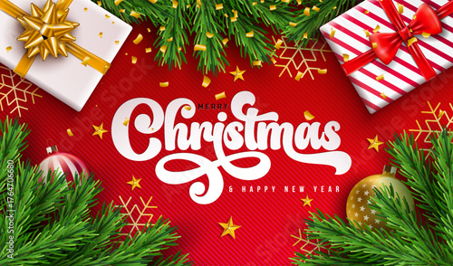 Merry Christmas and Happy New Year Greeting Card Banner with Fir Branch, Gift Box and Typography Lettering on Red Background. Vector Xmas Holiday Season Design with Decoration Elements for Party Flyer