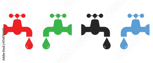 Water Faucet and Dripping Drop Icons with Design and Collection Text Banners, Plumbing and Conservation Concept