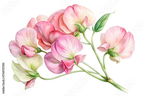 Delicate watercolor painting of a cluster of soft pink and white sweet pea flowers with green leaves on a white background