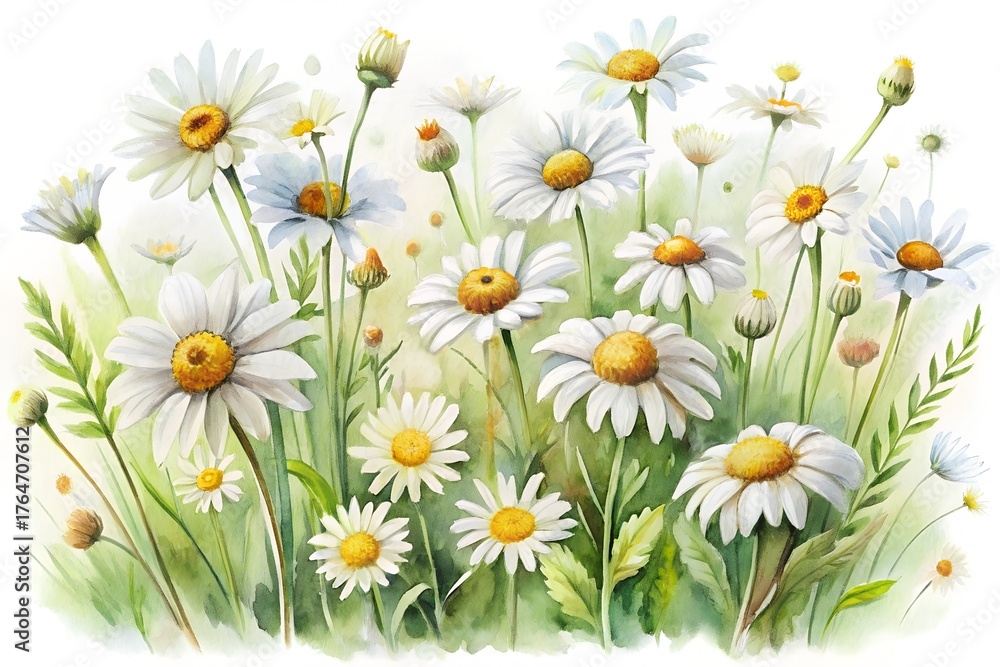 Fototapeta premium A vibrant watercolor painting of a field of white daisies with yellow centers and green stems and leaves