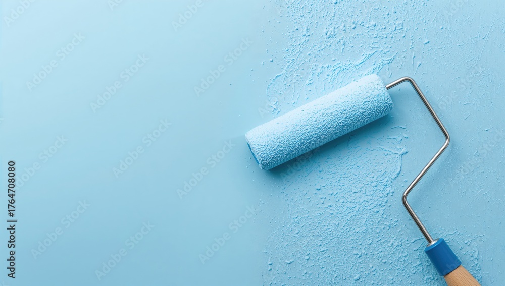 Obraz premium Worker applying blue paint on wall with roller brush during apartment renovation, ample white space for text