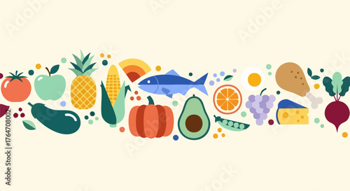Colorful assortment of healthy foods arranged in a vibrant and balanced composition