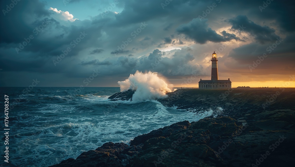 Fototapeta premium Beacon tower by the ocean beneath the sky