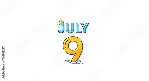 Stylized graphic illustration depicting the date July 9th, rendered with a cartoonish and bright aesthetic suitable for holiday celebration