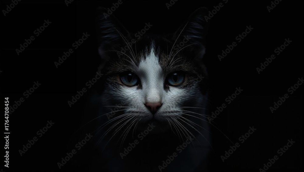Fototapeta premium Close-up portrait of a black and white cat's face emerging from the shadows