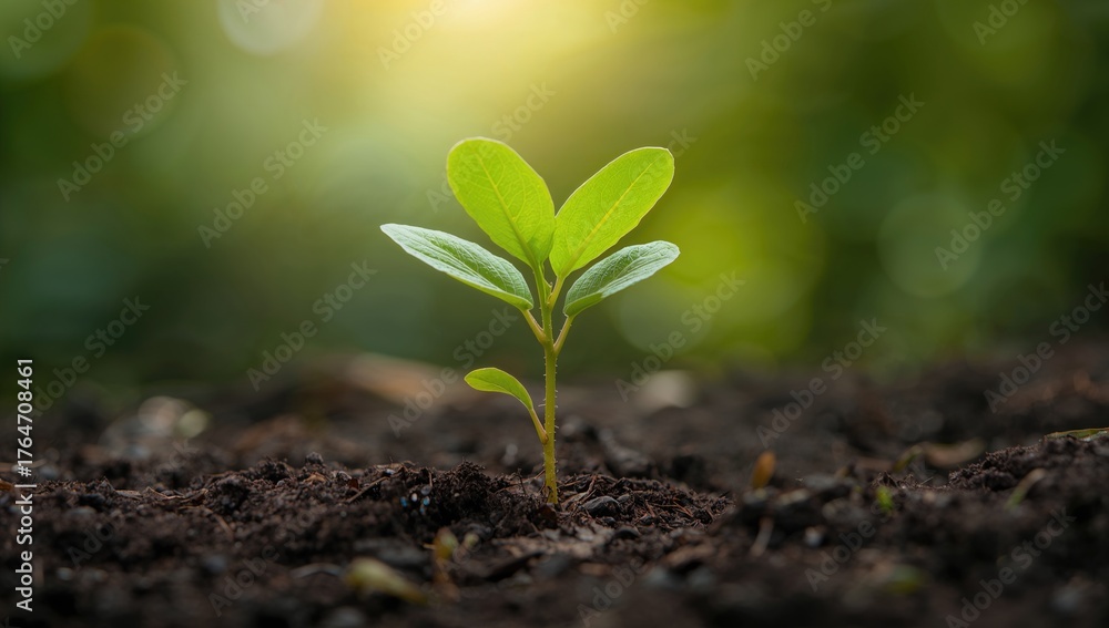Fototapeta premium Vibrant green sprout rising from moist earth with soft-focus leaves around, representing natural growth