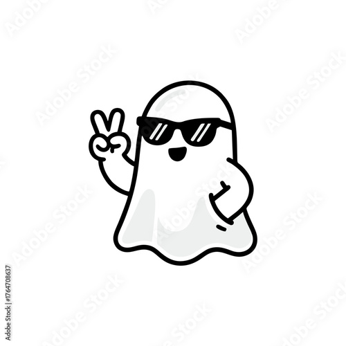 Cool Ghost Icon Showing Peace Sign and Wearing Sunglasses, Perfect for Halloween Designs