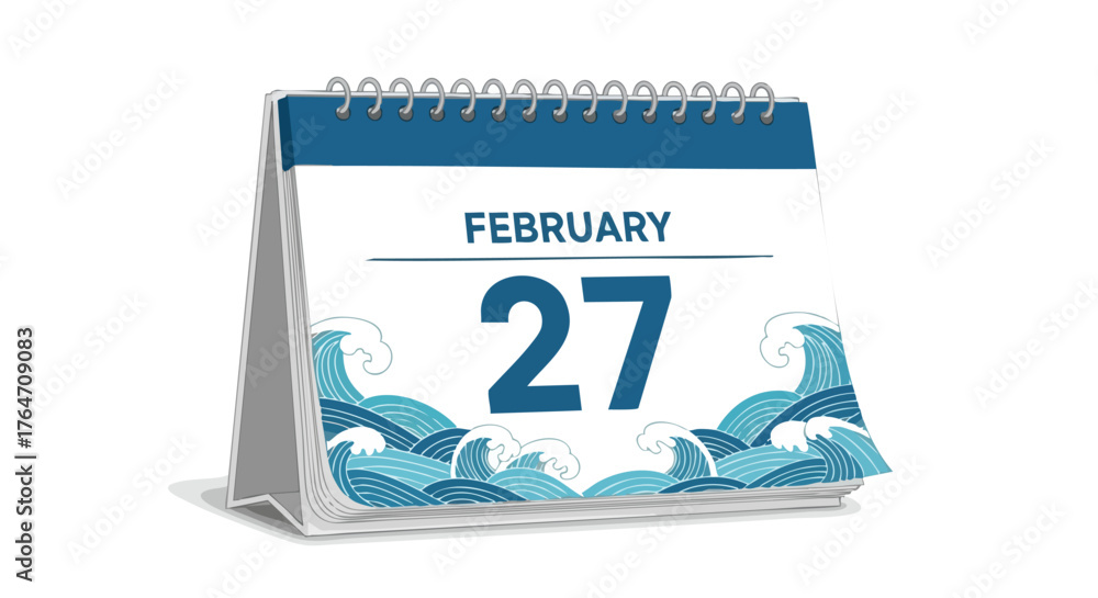 Fototapeta premium February 27th Calendar with Ocean Wave Graphic for Scheduling and Planning Activities or Events on the Twenty Seventh Day of February