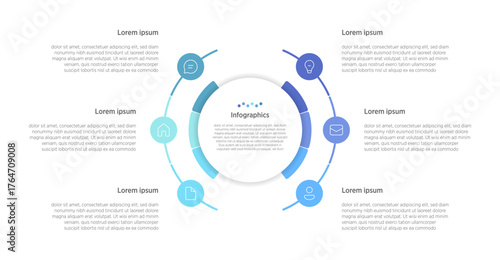 A colorful vector infographic featuring 6 connected rounded elements with marketing icons. Perfect for presenting business processes, workflows, and strategies in a professional format.