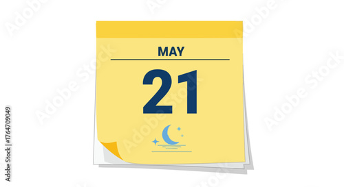 A Minimalist Calendar Showing May 21st with a Crescent Moon, Representing Night and Time Keeping on a Pale Yellow Backdrop