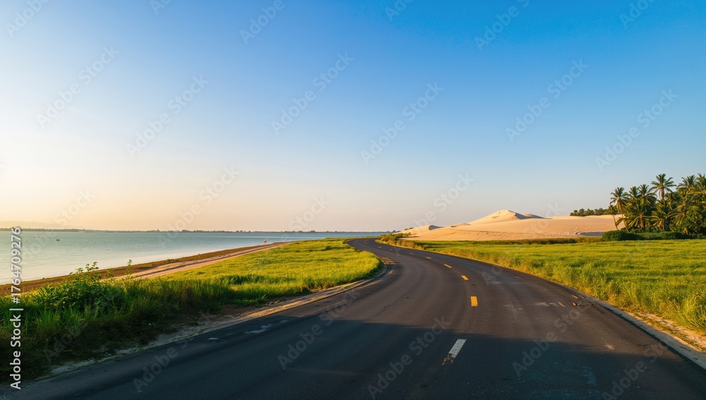 Fototapeta premium Sunrise over white sand dunes with water and sky in a summer beach landscape