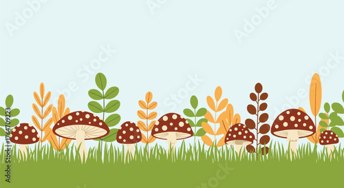 A vibrant illustration of a mushroom patch with various fungi and foliage.