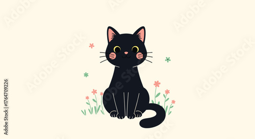 Adorable Black Cat Illustration with Big Eyes and Pink Cheeks.