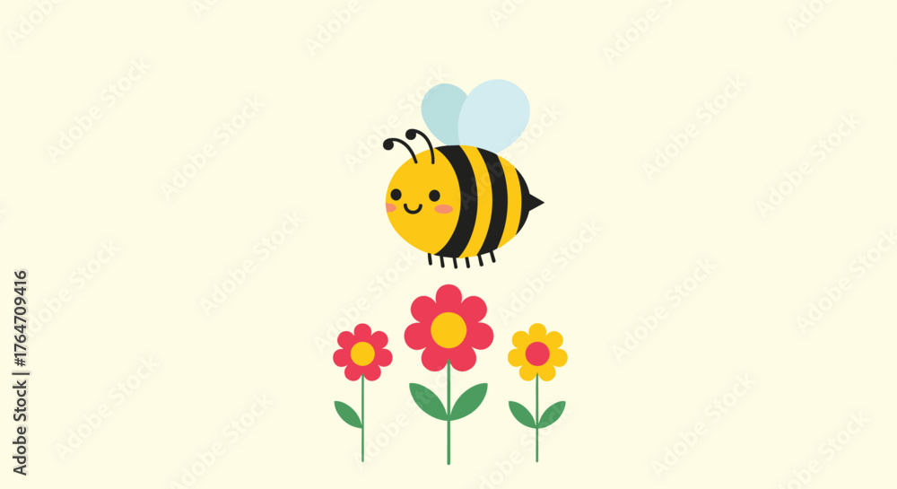 Fototapeta premium Cartoon Bee Hovering Over Flowers in a Garden Illustration.