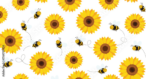 Sunflowers and Bees Delightful Summer Scene with Pollinators.