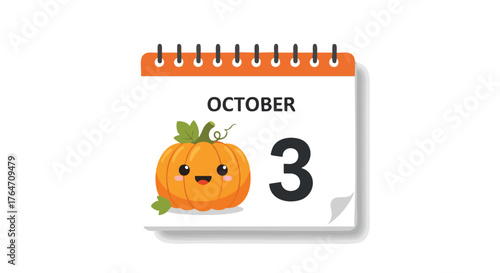 Festive October 3rd Calendar Page with Smiling Pumpkin, Marking a Special Day for Autumn Celebrations