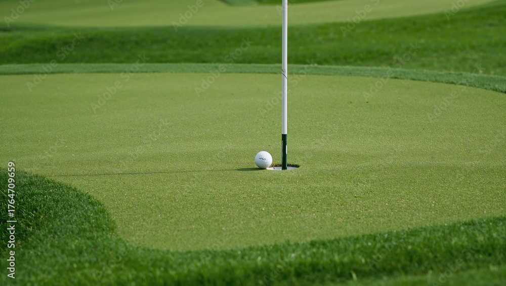 Obraz premium A golf ball rests close to the cup on the putting green.