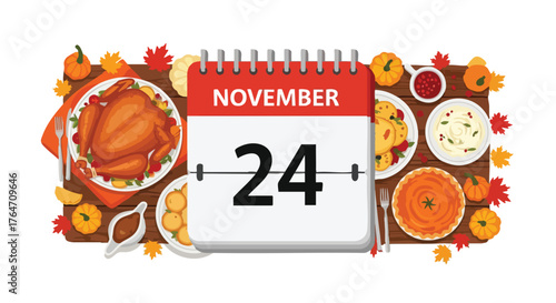 Festive Thanksgiving Feast with Calendar Marking the Holiday Date as November 24th Celebration Day