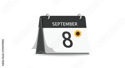 Illustration of September eighth date on a calendar, with a sunflower icon, representing a seasonal reminder or important event