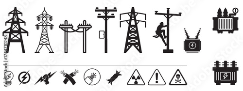 Electrical lineman tools and silhouette illustration – power line worker with equipment and utility pole vector set