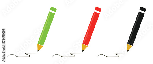 Colorful Simple Wooden Pencil Writing Icons, Education Drawing and Creative Art Supplies Vector
