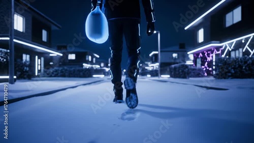Futuristic animation of a character in a glowing suit walking down a snowy street at night delivering gifts
