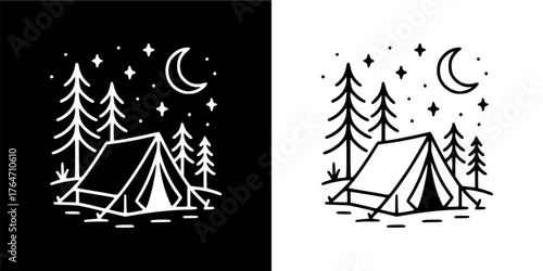 A simple line drawing depicting a peaceful campsite in the wilderness at night, with a tent among pine trees under the moon and stars