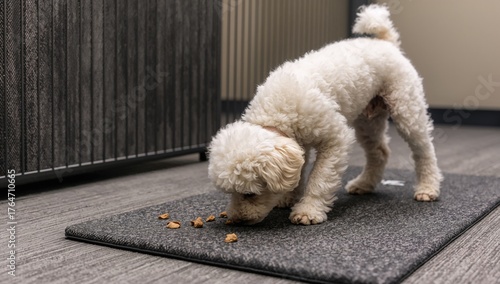 Small white miniature poodle participating in a brain-boosting food search game on a snuffle mat within a pet care facility designed for dog enrichment and stress-free training