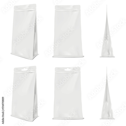 White stand-up pouch with tear notches, zip lock, hanging euro hole. Front, side view. Realistic vector mockup. Flat bottom gusseted resealable zipper standup plastic bag. Mock-up. Template for design