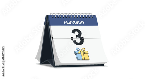 Whimsical February Third Desk Calendar with Gift Box Illustration for Festive Celebration