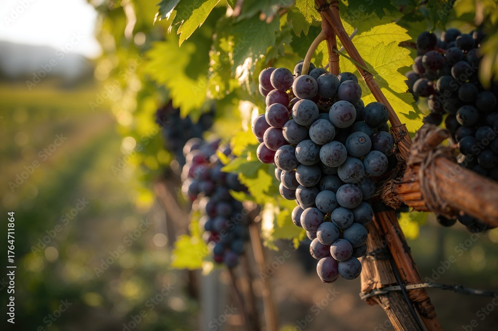 Naklejka premium Mature organic Gamay Noir grapes growing on vines in a scenic vineyard.