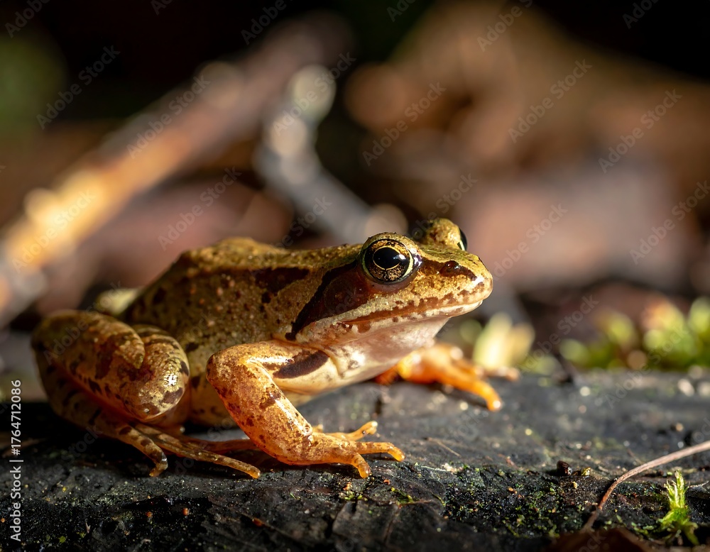 Obraz premium A close-up shot of a frog, basking in dappled sunlight, resting on a moss-covered log