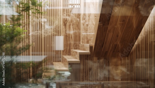 Exterior view of a wooden stairway crafted from natural timber