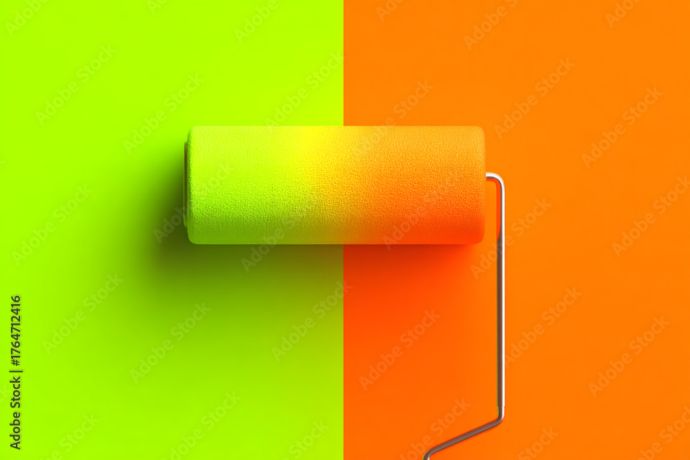 Obraz premium Bold Color Transition, Paint Roller Bridging Neon Green and Vibrant Orange, a Study in Contrast and Application Tool