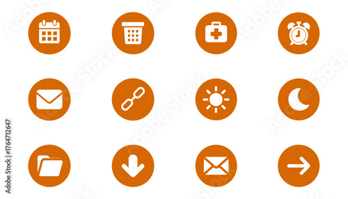 Comprehensive Web, Business, and User Interface Icon Set in a Flat Orange Circular Design, Featuring Calendar, Delete, First Aid, Alarm Clock, Mail, Link, Sun, Moon, Folder, Download, and Arrow