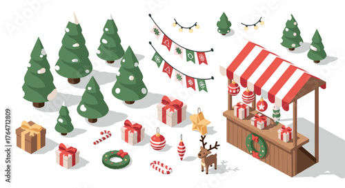 Isometric christmas market stall with holiday decorations and gifts