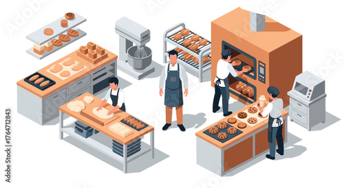 Isometric bakery scene with bakers preparing and baking bread and pastries