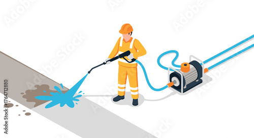 Isometric worker using pressure washer on pavement for cleaning task