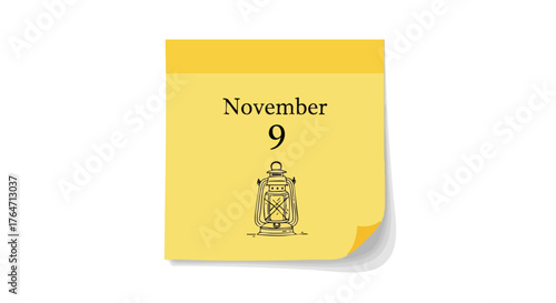 Vintage November 9th Reminder with Lantern on Yellow Sticky Note Isolated on White Background, Nostalgic Date Keepsake and Memory Concept