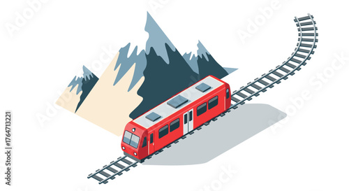 Isometric red train on mountain railway with snowy peaks background