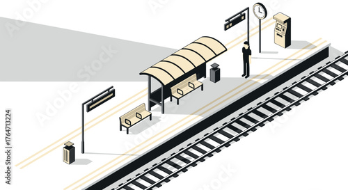 Isometric train station platform with minimalist design and waiting bench