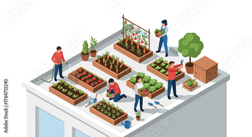 Isometric rooftop garden scene with diverse activities and greenery setup