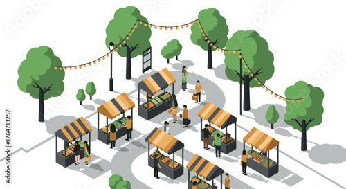 Lively market scene in an isometric urban park setting with vendor stalls