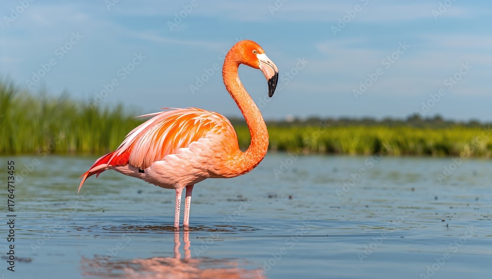 Obraz premium Lesser flamingo (Phoeniconaias minor) wading in water during mating season in a wetland habitat
