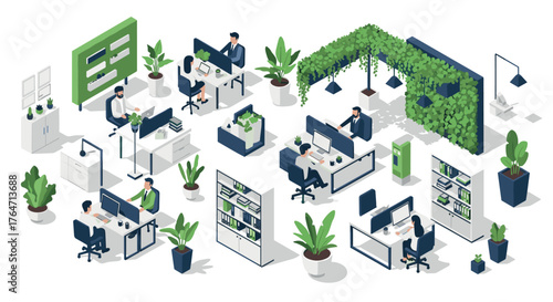 Modern isometric office design with greenery and collaborative workspaces