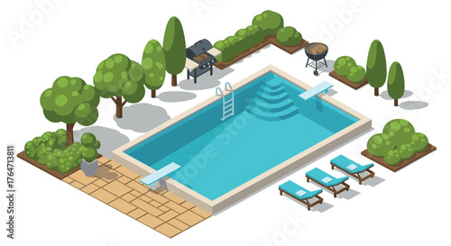Summer backyard with swimming pool and barbecue in isometric style