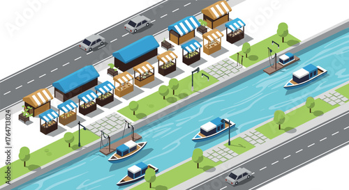 Isometric city canal with shops, boats, and vehicles on a sunny day