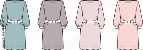 Elegant Dress Designs in Various Pastel Colors with Belted Waistlines and Stylish Sleeves